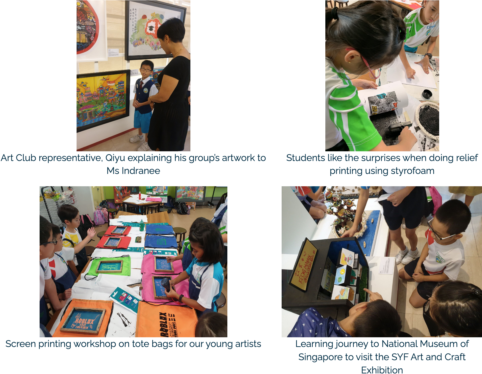 Four photos show students in art activities: explaining artwork, relief printing, screen printing tote bags, and visiting a museum exhibition.